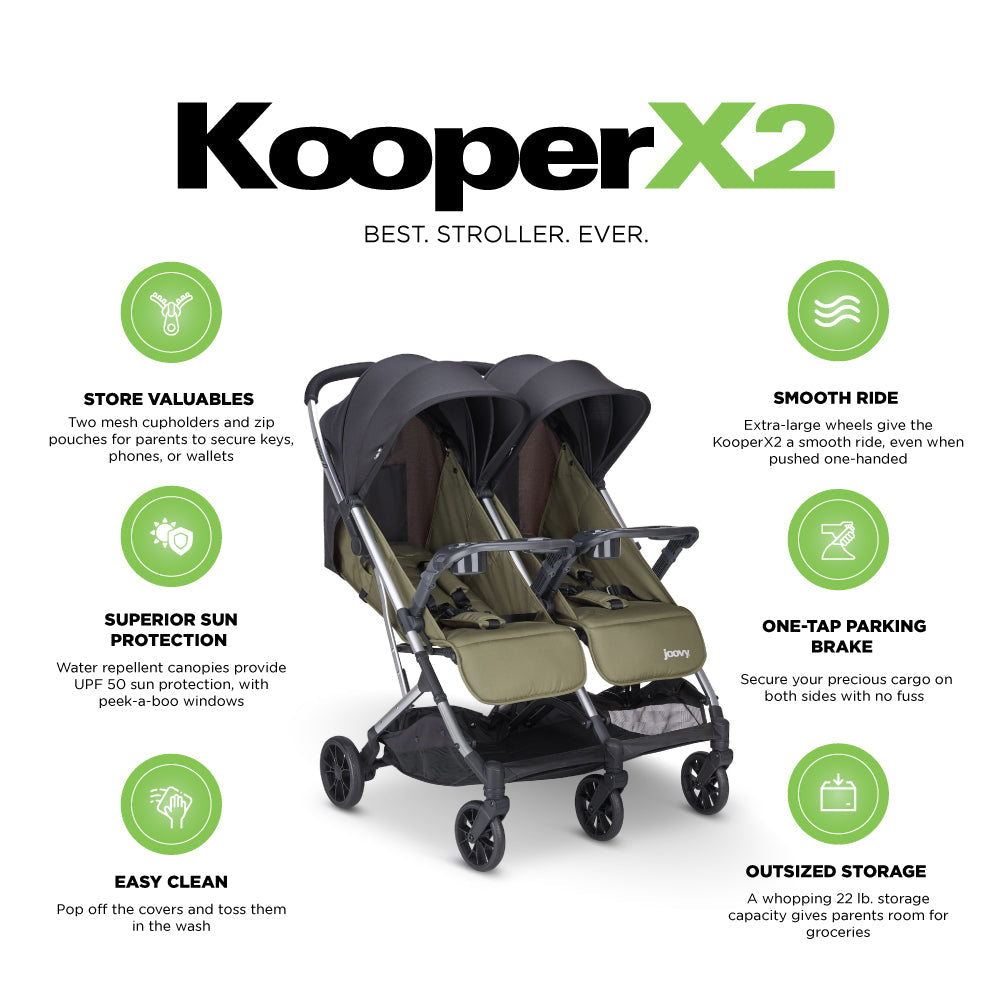 Kooper X2 Lightweight Compact Double Stroller With Trays - Olive