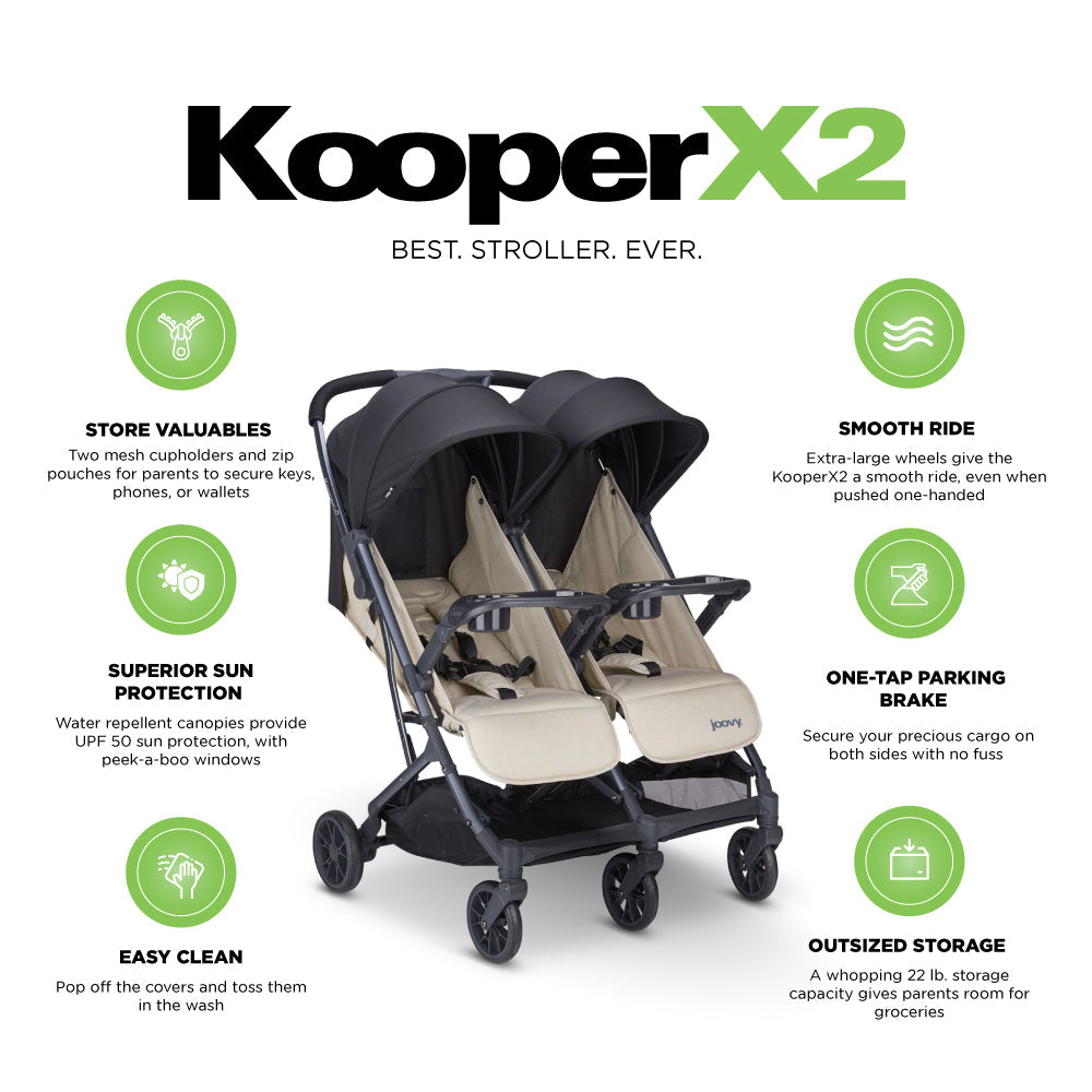 Kooper X2 Lightweight Compact Double Stroller With Trays - Sand
