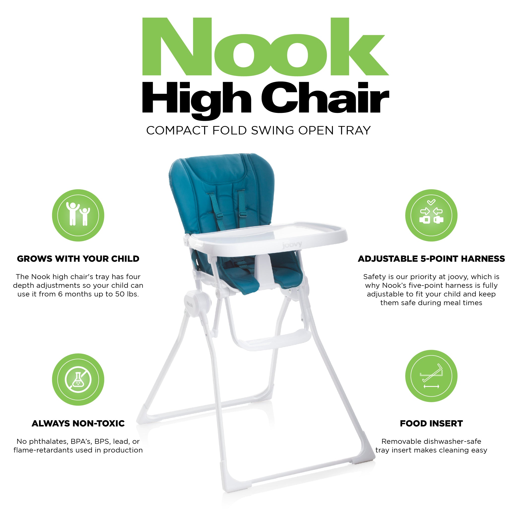 Nook Highchair Compact Fold Swing Open Tray - Turquoise