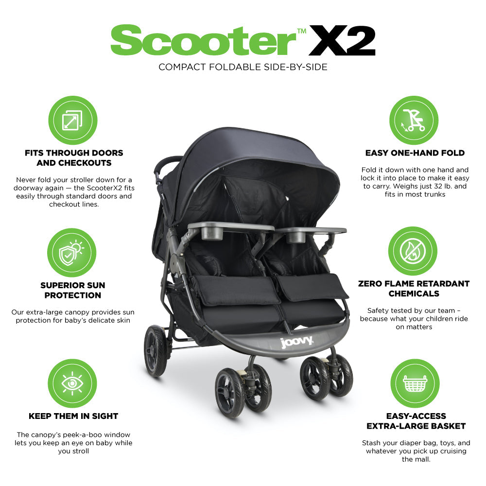 Scooter X2 With Child Tray Side By Side Double Stroller - Black