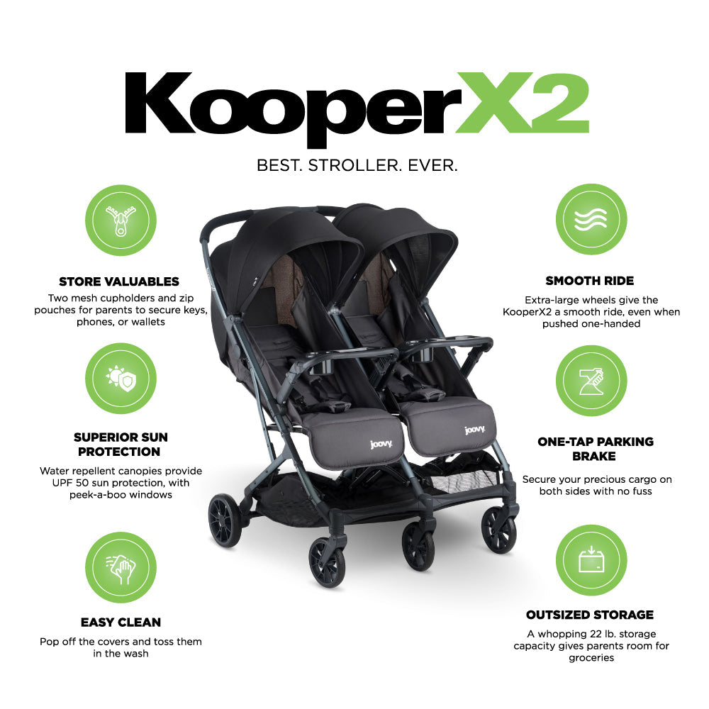 Kooper X2 Lightweight Compact Double Stroller With Trays - Forged Iron