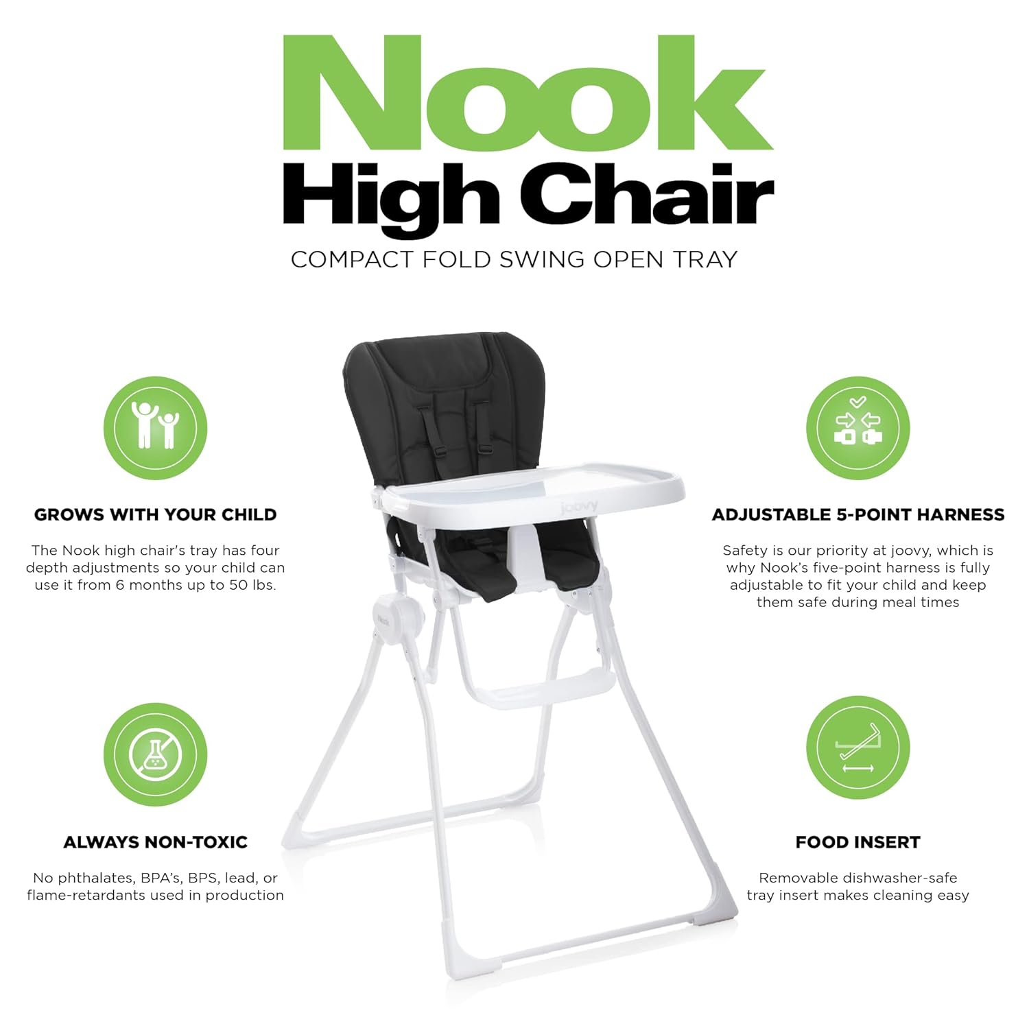Nook Highchair Compact Fold Swing Open Tray - Black
